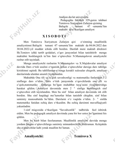 temirova xuriyatxon zafarjon qizining amaliyot haqida ma'lumot — DOCX