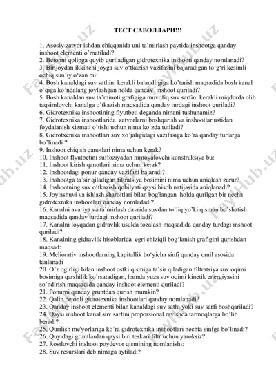 gidrotexnika inshootlari test savollari — DOCX