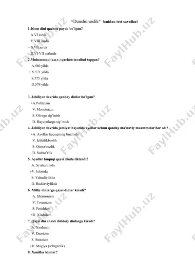 "dunshunoslik fanidan test savollari" — DOCX