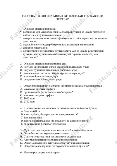 gigiena ekologiya bilan, xg fanidan 1ta javobli testlar — DOCX