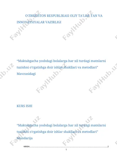 "maktabgacha yoshdagi bolalarga har xil turdagi matnlarni tuzishni o’rgatishga doir ishlar shakllari va metodlari" — DOCX