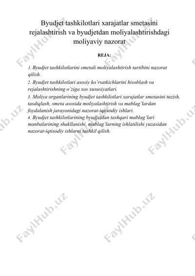 byudjet tashkilotlari xarajatlar smetasini rejalashtirish va byudjetdan moliyalashtirishdagi moliyaviy nazorat — DOCX