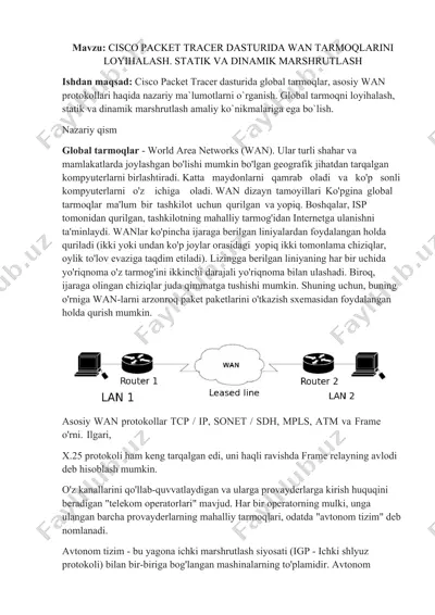 cisco packet tracer dasturida wan tarmoqlarini loyihalash. statik va dinamik marshrutlash — DOCX