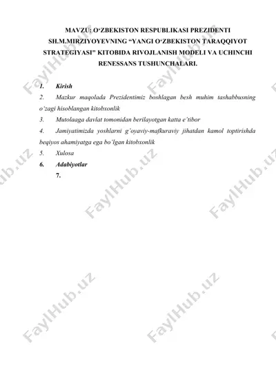 "o‘zbekiston respublikasi prezidenti sh.m.mirziyoyevning “yangi o‘zbekiston taraqqiyot strategiyasi" kitobida rivojlanish modeli va uchinchi renessans tushunchalari" — DOCX
