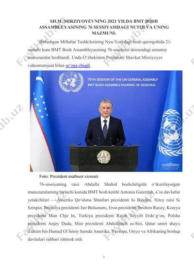 sh.m. mirziyoyevning 2021 yilda bmt bosh assambleyasining 76 sessiyasidagi nutqi va uning mazmuni — DOCX