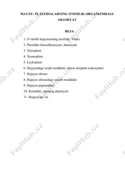 plastidalarning o'simlik organizmdagi ahamiyati — DOCX