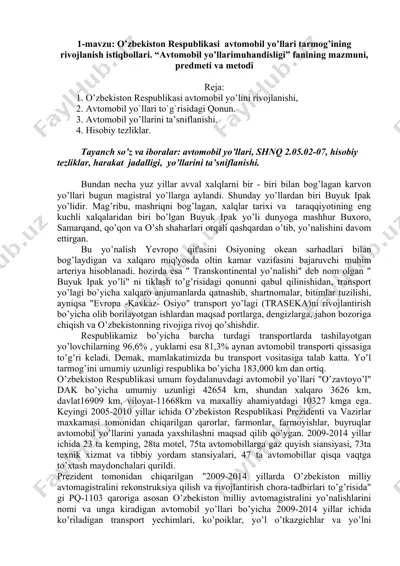 o’zbekiston respublikasi avtomobil yo’llari tarmog’ining rivojlanish istiqbollari — DOC