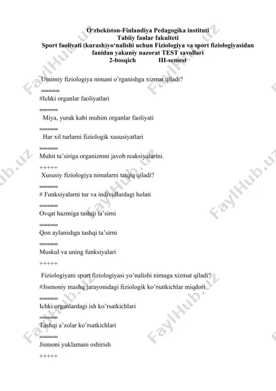 fiziologiya va sport fiziologiyasidan yakuniy nazorat test savollari — DOC