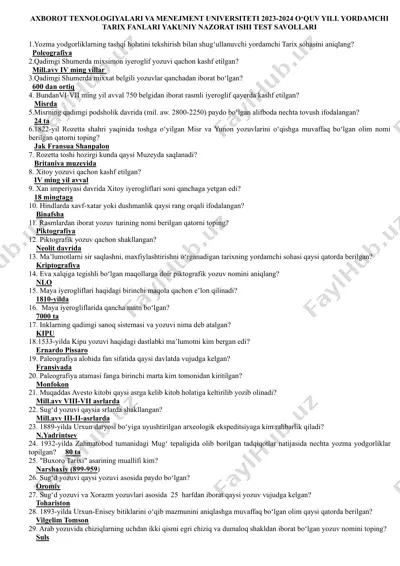 tarix fanlari yordamchi test savollari — DOC