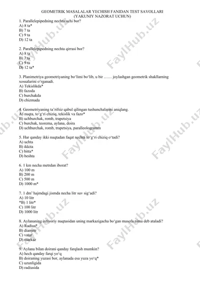 geometrik masalalar yechish fanidan test savollari (yakuniy nazorat uchun) — DOC