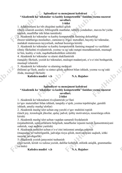 "akademik ko'nikmalar va kasbiy kompetentlik fanidan yozma nazorat savollari" — DOC