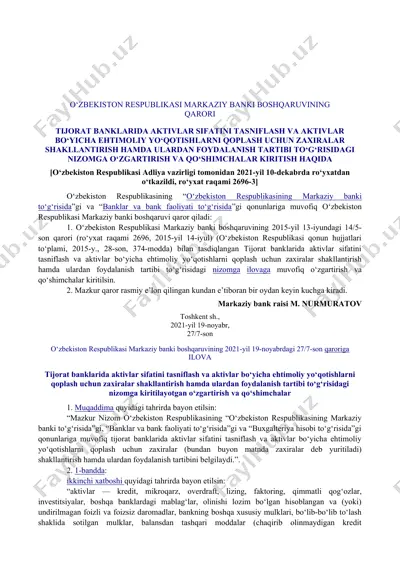 tijorat banklarida aktivlar sifatini tasniflash va aktivlar bo‘yicha ehtimoliy yo‘qotishlarni qoplash uchun zaxiralar shakllantirish — DOC
