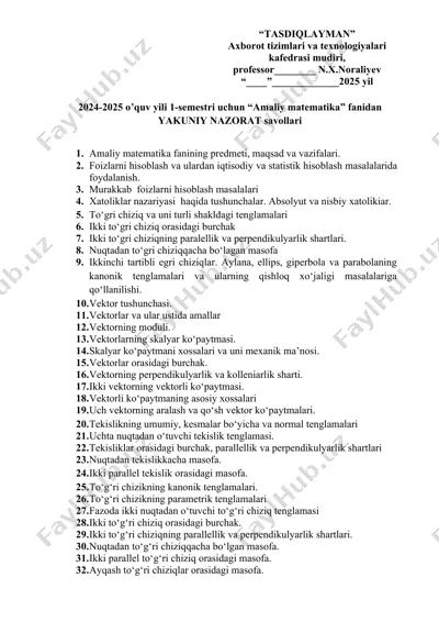 amaliy matematika fanidan yakuniy nazorat savollari — DOC