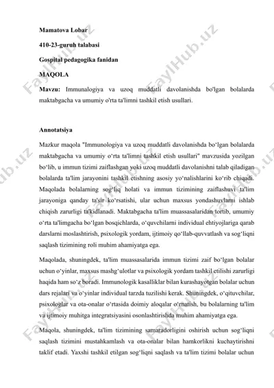 immunologiya va uzoq muddatli davolanishda bo'lgan bolalarda maktabgacha va umumiy o'rta ta'limni tashkil etish usullari — DOCX