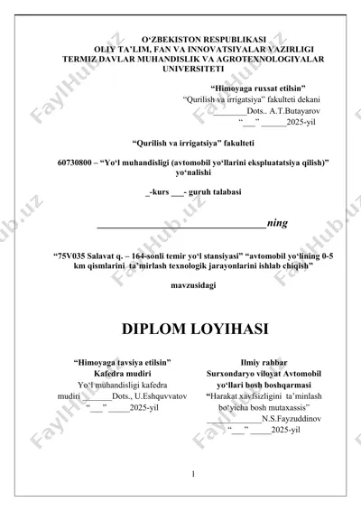 avtomobil yo‘lining 0-5 km qismlarini ta’mirlash texnologik jarayonlarini ishlab chiqish — DOCX