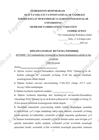 surxandaruo vilouatidagi d162 “qumqo‘rg‘on sh-kofrun q-boysun sh” avtomobil uo’lining 23-28 km qismini ta'mirlash texnologiuasini ishlab chiqish — DOCX