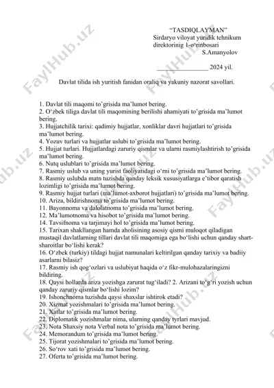 davlat tilida ish yuritish fanidan oraliq va yakuniy nazorat savollari — DOC
