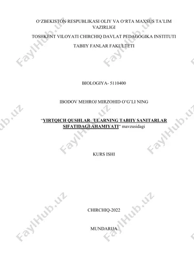 yirtqich qushlar ularning tabiiy sanitarlari sifatidagi ahamiyati — DOCX