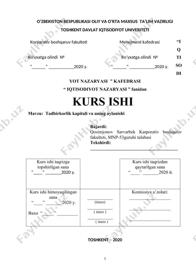 kurs ishi: "tadbirkorlik kapitali va uning aylanishi" — DOCX