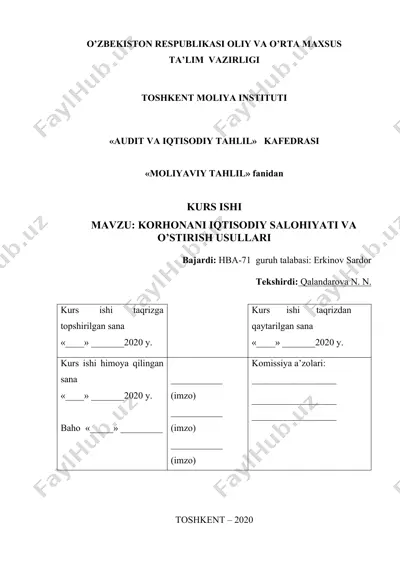 kurs ishi: "korxonani iqtisodiy salohiyati va o'stirish usullari" — DOCX