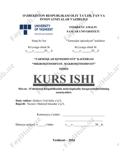 o'zbekiston respublikasida makroiqtisodiy barqarorlashtirishning xususiyatlari — DOCX