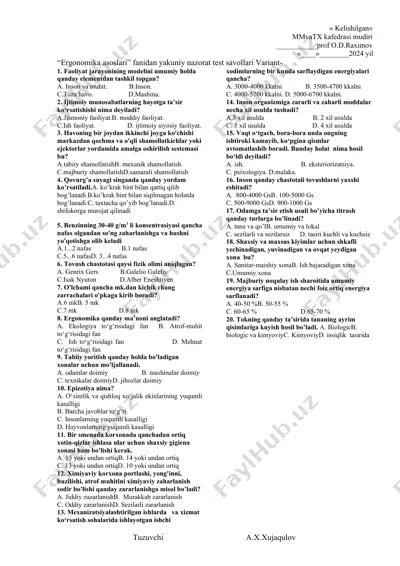 yakuniy nazorat test savollari "ergonomika asoslari" fani — DOC