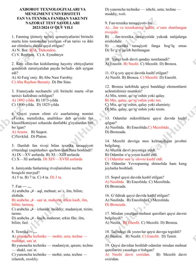 axborot texnologiyalari va menejment universiteti fanning yakuniy nazorat test savollari 2023/2024 o`quv yili — DOC