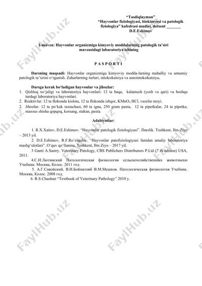 hayvonlar organizmiga kimyoviy moddalarning patologik ta’siri labaratoriya ishi — DOC