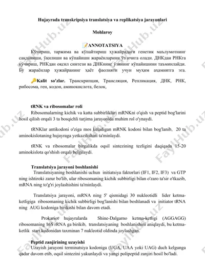 transkripsiya, translatsiya va replikatsiya jarayonlari — DOCX