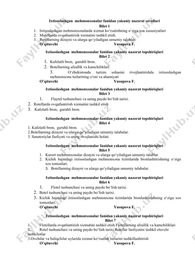 ixtisoslashgan mehmonxonalar fanidan yakuniy nazorat savollari — DOC