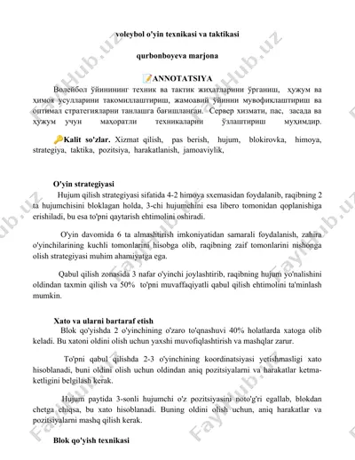 voleybol o'yin texnikasi va taktikasi — DOCX