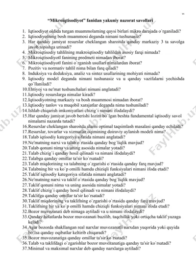 mikroiqtisodiyot fanidan yakuniy nazorat savollari — DOC