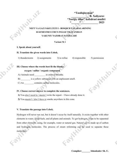 neft va gaz fakulteti i - bosqich talabalarining ii-semestri uchun ingliz tili fanidan yakuniy nazorat savollari — DOC