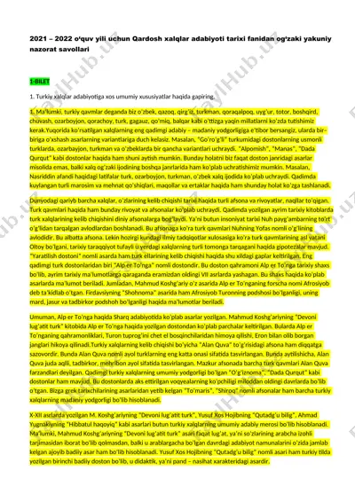 qardosh xalqlar adabiyoti tarixi fanidan og‘zaki yakuniy nazorat savollari — DOC