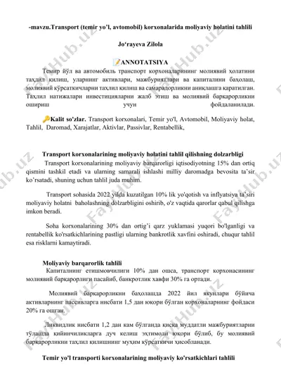 transport korxonalarida moliyaviy holatini tahlili — DOCX