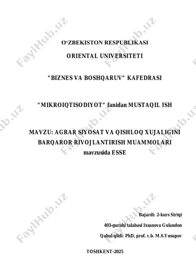 agrar siyosat va qishloq xo‘jaligini barqaror rivojlantirish muammlari — PDF