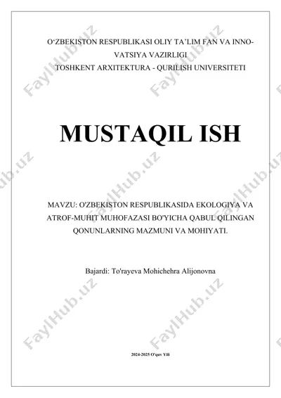 o'zbekiston respublikasi ekologiya va atrof-muhit muhofazasi qonunlari — DOCX