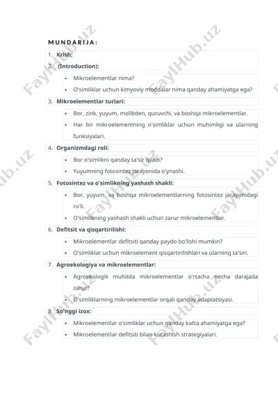 mikroelementlar va uning o'simliklar uchun ahamiyati — DOCX