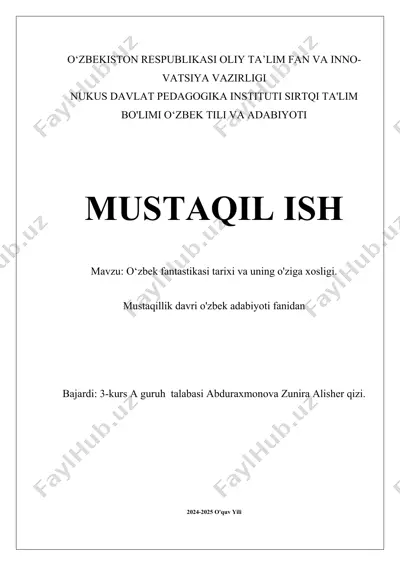 o‘zbek fantastikasi tarixi va uning o'ziga xosligi — DOCX