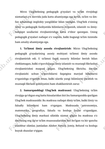 mirzo ulug‘bekning pedagogik g‘oyalari va ta'lim rivojidagi xizmatlari — DOCX
