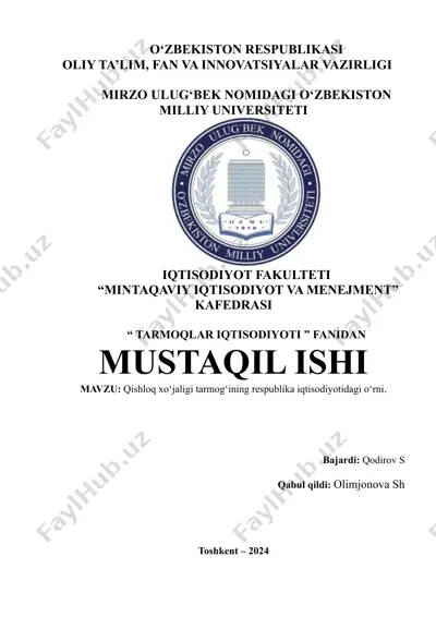 qishloq xo‘jaligi tarmog‘ining respublika iqtisodiyotidagi o‘rni — DOCX