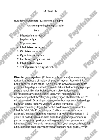 parazitalogiyaning biologik asoslari — DOCX