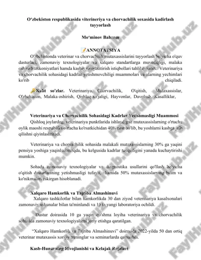 veterinariya va chorvachilik sohasidagi kadrlar yetishmasligi muammosi — DOCX