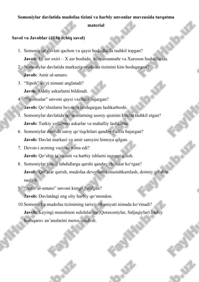 somoniylar davlatida mudofaa tizimi va harbiy unvonlar mavzusida tarqatma material 25 — DOCX