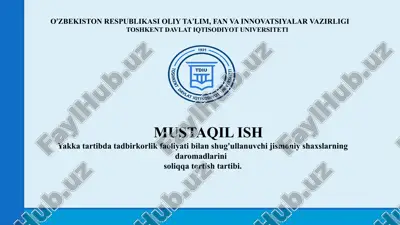 yakka tartibda tadbirkorlik faoliyati bilan shug'ullanuvchi jismoniy shaxslarning daromadlarini soliqqa tortish tartibi. — PPTX