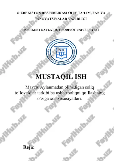 aylanmadan olinadigan soliq to`lovchilar tarkibi ba ushbu soliqni qo`llashning o`ziga xos xususiyatlari. — DOCX