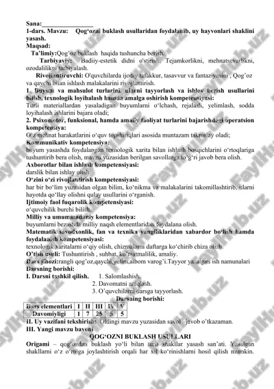 qog'ozni buklash usullaridan foydalanib, uy hayvonlari shaklini yasash — DOC
