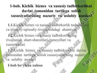 kichik biznes va xususiy tadbirkorlikni davlat tomonidan tartibga solishning xususiyatlarining nazariyasi va uslubiy asoslari — PPTX