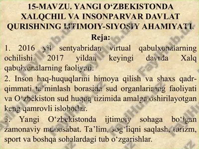 yangi o‘zbekistonda xalqchilar va insonparvar davlat qurishning ijtimoiy-siyosiy ahamiyati — PPT