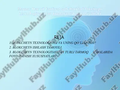 har xil faoliyat sohalarida blokcheyn texnologiyasidan foydalanish xususiyatlari — PPTX